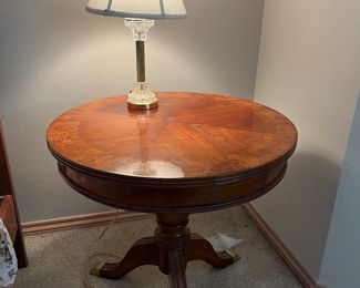 Pair banded wood pedestal tables