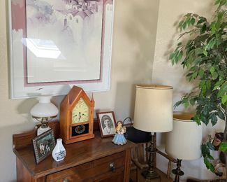 antique Toddler chair, antique wash stand, 1970s art, heavy vintage brass lamps, faux ficus tree