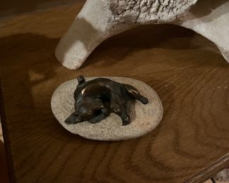 Cammie Lundeen bronze dachshund on rock - purchased at Cheyenne Frontier Days art show c. 2007