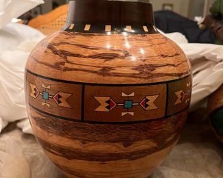 Fine inlaid multi wood vessel “Spirits” by artist Kim Beesley with COA and receipt from Manitou Galleries, Santa Fe, NM