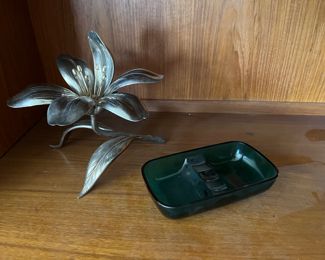 vintage MCM teal green glass ashtray and metal removable petal floral ashtray