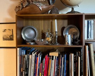 vintage bookcases, pewter, globe