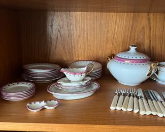 vintage German Child's dish set and bone handled forks/knives