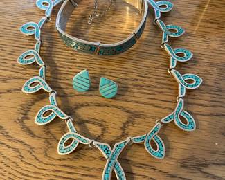 vintage inlaid turquoise Arte en Plata AMC Taxco Mexico necklace and bracelet