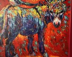 “Roadtrippers” print on wood by Barbara Meikle, Santa Fe