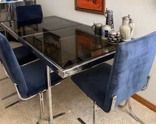 Vintage c. 1970 chrome and smoky glass modern extension table with 6 blue chairs...all original