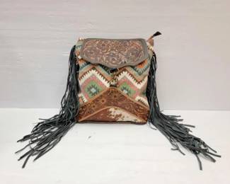 #2204 • Backpack with Aztec Rug, Cowhide Accent & Leather Fringe
