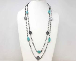 #530 • Navajo Wrap Around 62" Necklace Sonoran Turquoise Mercury Dimes Sterling Silver, 78g
