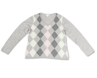 Charter Club 2-Ply 100% Cashmere Argyle V-Neck Long-Sleeve Sweater (L)
