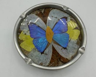 Iridescent Blue Morpho Butterfly Aluminum Vintage Metal Ashtray