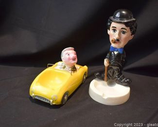 Lego Charlie Chaplin Ashtray and Enesco Foreign Sport Car Cigarette Box and Ashtray