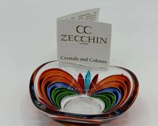 Small red Blue and Green Glass Dish Marked CC Zecchin Hand Decorated Venice