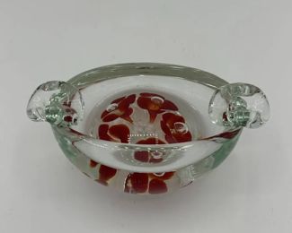 Vintage Hand Blown Art Glass Ashtray with Red Flowers Controlled Bubbles
