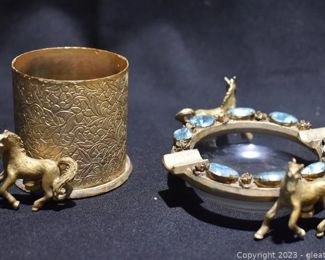 Wisener Ashtray and Cigarette holder Horses and Blue Rhinestone