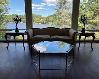 French Louis XV Provincial Style 2 Seat Sofa with French Provincial Side Tables & Hexagonal Glass & Brass Coffee Table 