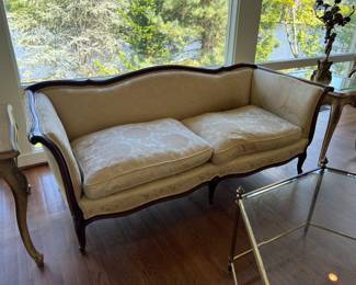 French Louis XV Provincial Style 3 Seat Sofa with French Provincial Side Tables & Hexagonal Glass & Brass Coffee Table 