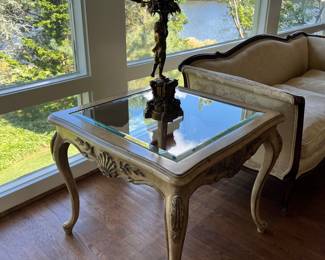 French Provincial Side Table (pr) & Bronze Cherub Candleholders (pr)