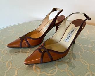 Women's Jimmy Choo Brown Leather Stiletto Pointed Toe Slingback Pumps Size 36-1/2
