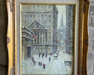 Framed New York Winter Scene Oil on Canvas Signed 