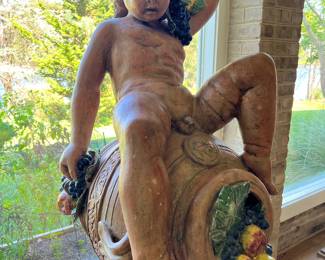 Large Ceramic Italian Cherub Statue on Vase of Fruit with Pillar 