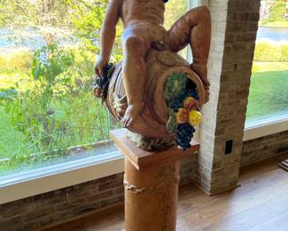 Large Ceramic Italian Cherub Statue on Vase of Fruit with Pillar 