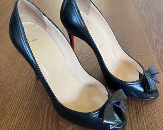 Women's Christian Louboutin Milady 100 Black Leather Bow Open Toe Heels Size 37