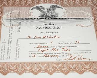 COA for the Eight Plus Two bronze by Sid Burns