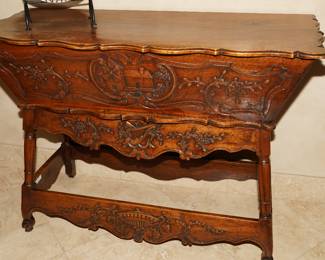 Antique French Provencal Louis XV Dough Bin Petrin.  There are two of these pieces that are similar in origin and size; one is more ornate than the other, but both are incredibly beautiful.  This was purchased originally for $45,000.00 by the owner of the home. 