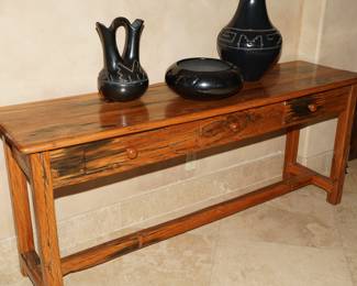 Mesquite hall table with three Santa Clara vessels specifically by Margaret Tafoya (1904-2001)-Santa Clara Pueblo
