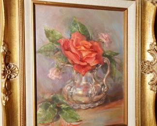 Rose still life by Vel Miller in ornate gold frame