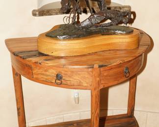 Mesquite demi-lune tables x 2 with "Bronc Buster Busted"  bronze by Sid Burns