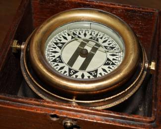 Antique brass boat compass in hardwood box