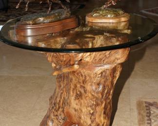 Genuine mesquite log end tables x 2 with Sid Burns bronzes on the glass top