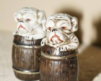 Set of 2 bulldogs in barrel salt & pepper shakers-c1920's