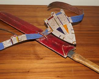 Beaded decorated knife w/leather sheath
