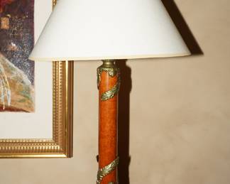 Mid century footed empire wood & brass table lamps x 2