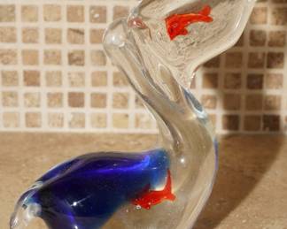 Blown glass cobalt & clear pelican with red fish
