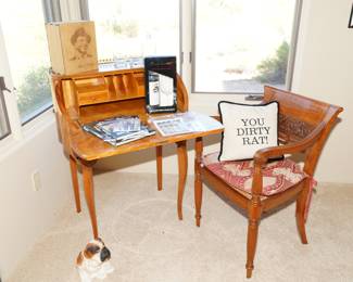 Inlaid French writing desk with carved wood & cane accent chairs x 2