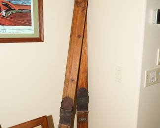 Antique wood skis with bindings