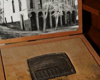 Piper's Opera House 1862 belt buckle in vintage tapestry & wood box with photo.  