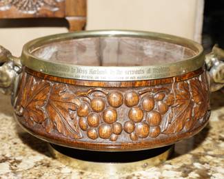 Vintage antique English regency bowl with brass-inscribed by the servants of the home to the homeowners on the top.  The handles are bulls. 