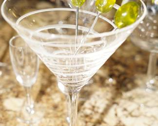 Etched martini glasses with glass olives-being sold as a set of 2