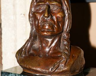 "Indian Chief" originally by Charles Russell with original signature on the side - D.E. Strong, c1972 lost wax bronze