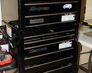 Snap On Tools chest on chest rolling tool chest with tools and accessories.  The tools inside are not snap on tools. 