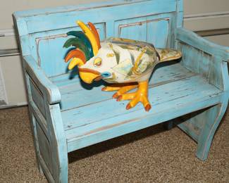 Distressed wood bench with talavera bird