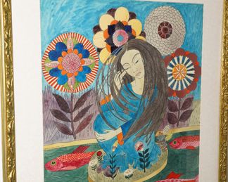 Woman with Flowers Watercolor-Marga Benner- Roye. After much research, we believe this piece to be a prototype for her book cover. Very cool!