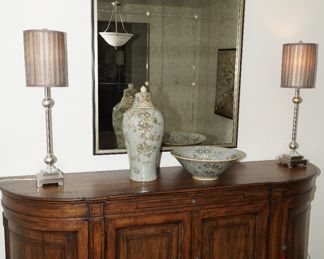 Ethan Allen buffet cabinet with Pottery Barn mercury glass mirror & Bombay Co vase & bowl