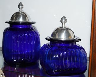 Ribbed cobalt canisters with chrome lids-being sold as a set