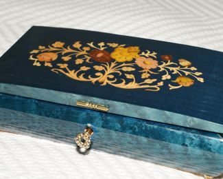 Cobalt Reuge inlaid wood music box plays Edelweiss