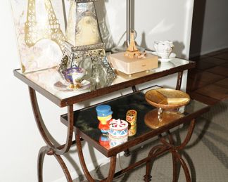 Bronzed wrought iron and mercury glass nesting tables